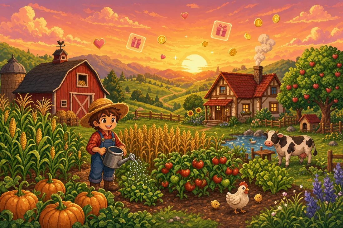 Pixel-art cozy farm at golden hour with crops, a barn and floating gift-card rewards
